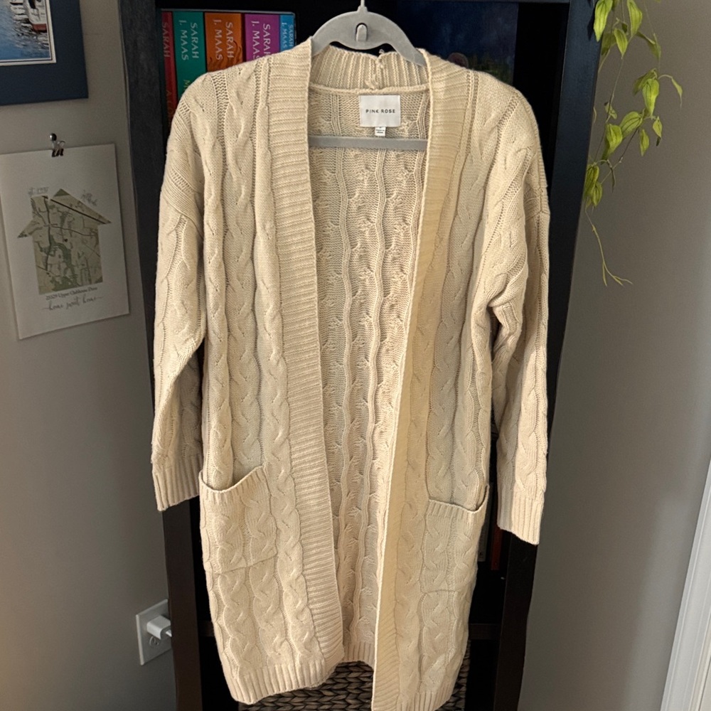Pink Rose Cable Knit Open-Front Cardigan in Cream